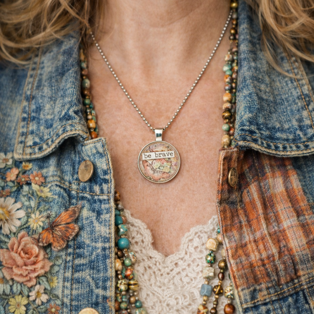 Be Brave Inspirational Pendant Necklace – Collectible Wearable Art Jewelry– Grandma Whimsy