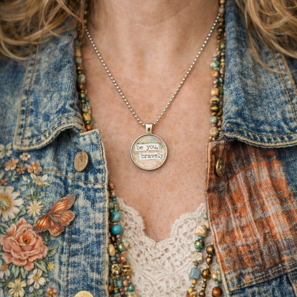 Be You, Bravely Inspirational Pendant Necklace – Wearable Art Jewelry – Grandma Whimsy