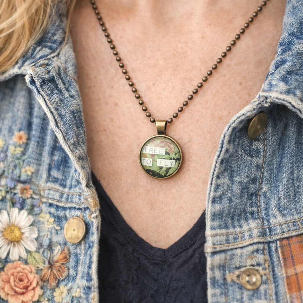 Free to Fly Pendant Necklace – Inspirational Wearable Art Jewelry – Grandma Whimsy