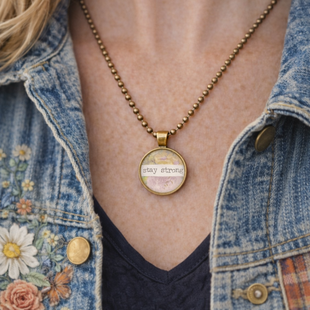 Stay Strong Inspirational Pendant Necklace – Wearable Art Jewelry – Grandma Whimsy